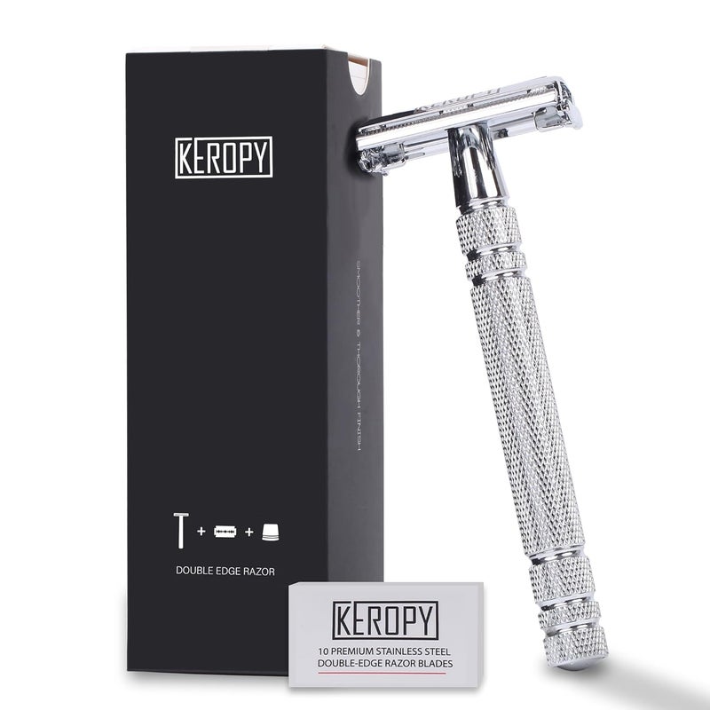 Keropy Men's Safety Razor Double Edge with 10 Blades – Reusable Metal Shaver for a Close, Smooth & Irritation-Free Wet Shave, Eco-Friendly Grooming Kit for Men - Image 1